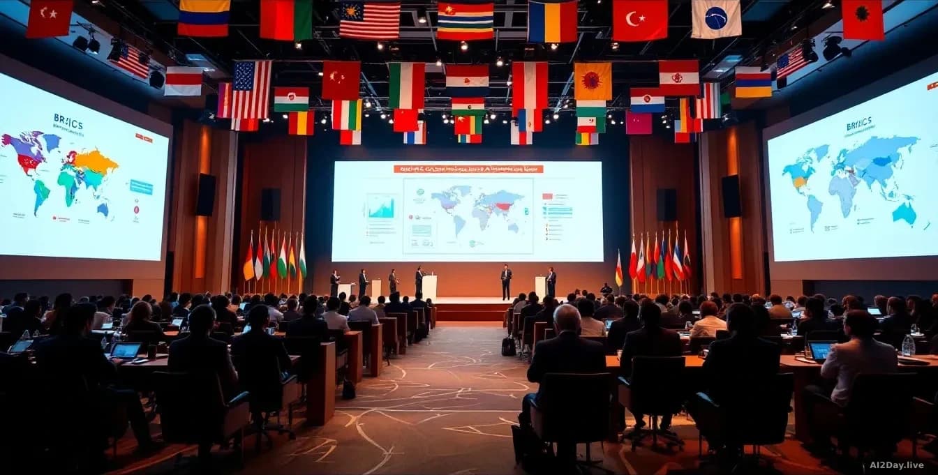 The BRICS summit venue in New Delhi with international flags displayed, presentation screens showing open-source AI architecture diagrams and global cloud infra