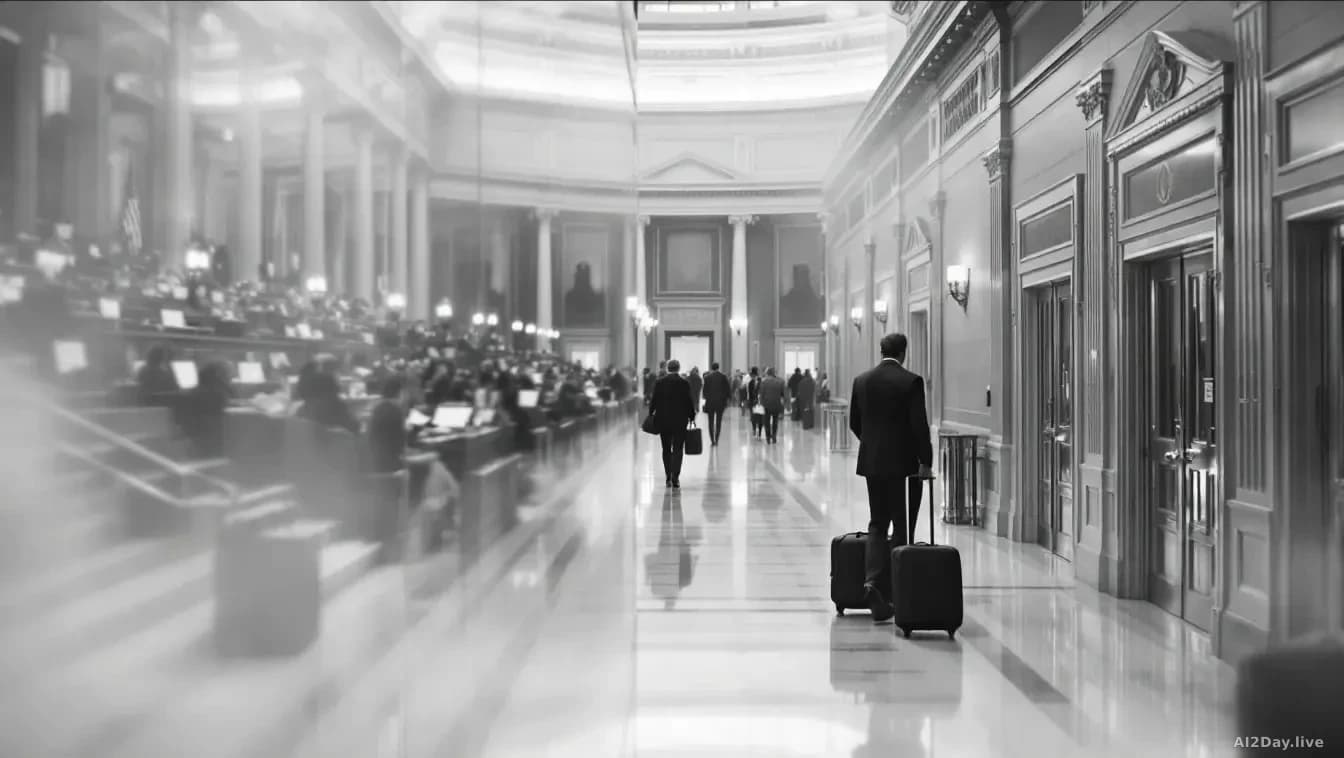 A split-screen composition of Congress chambers on one side appearing packed with activity and legislative documents, and empty hallways and gates on the other 