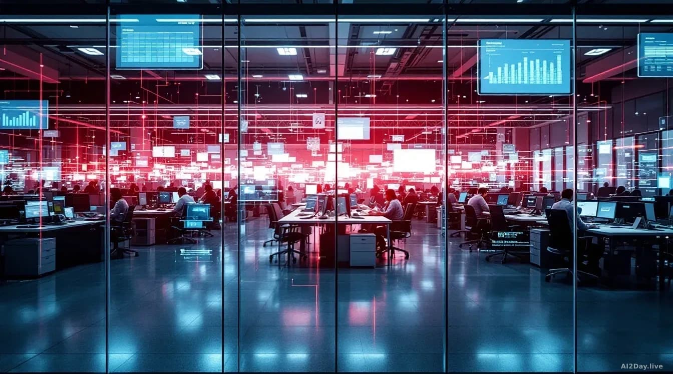 Multiple corporate AI lab spaces shown simultaneously through glass partitions, each with different work pace and intensity, calendar and timeline graphics conf