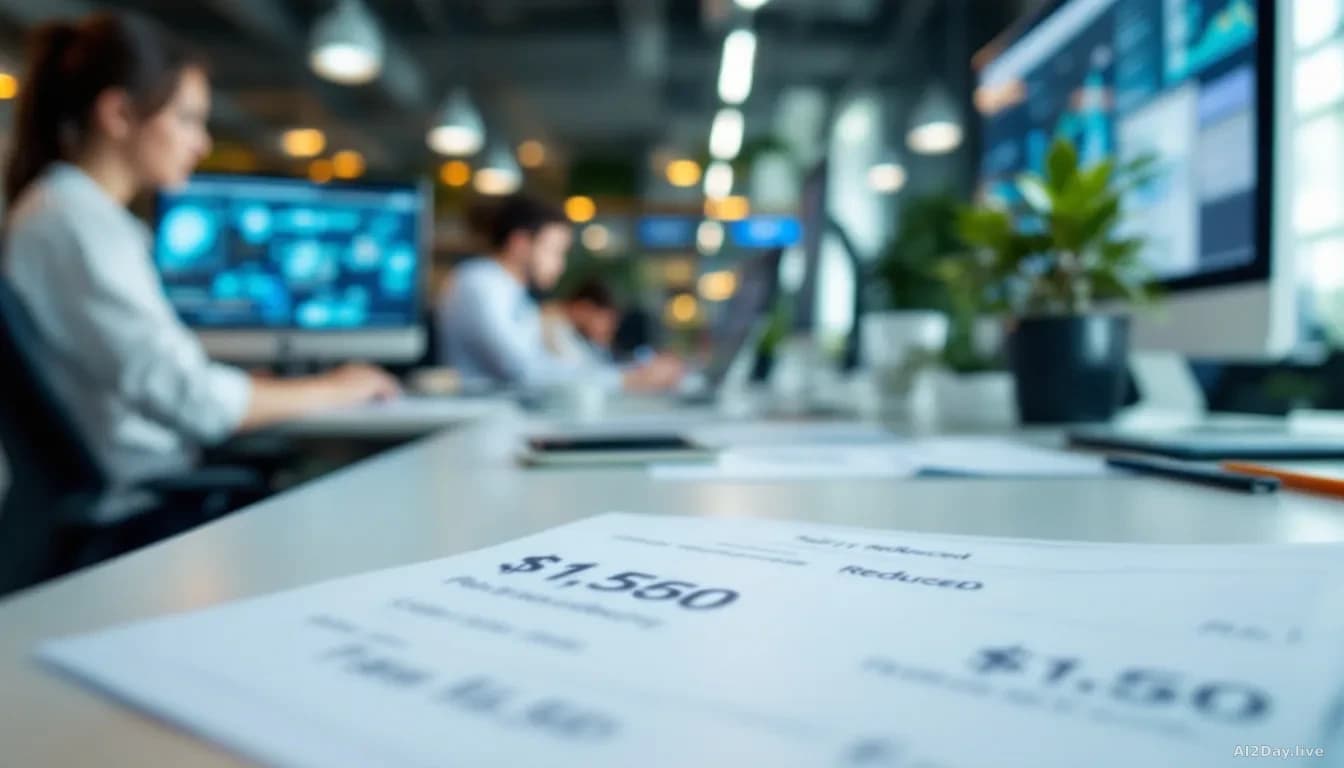 An office workspace with some employees at desks with AI productivity software visible on screens, pay stubs or salary documents in the foreground showing reduc