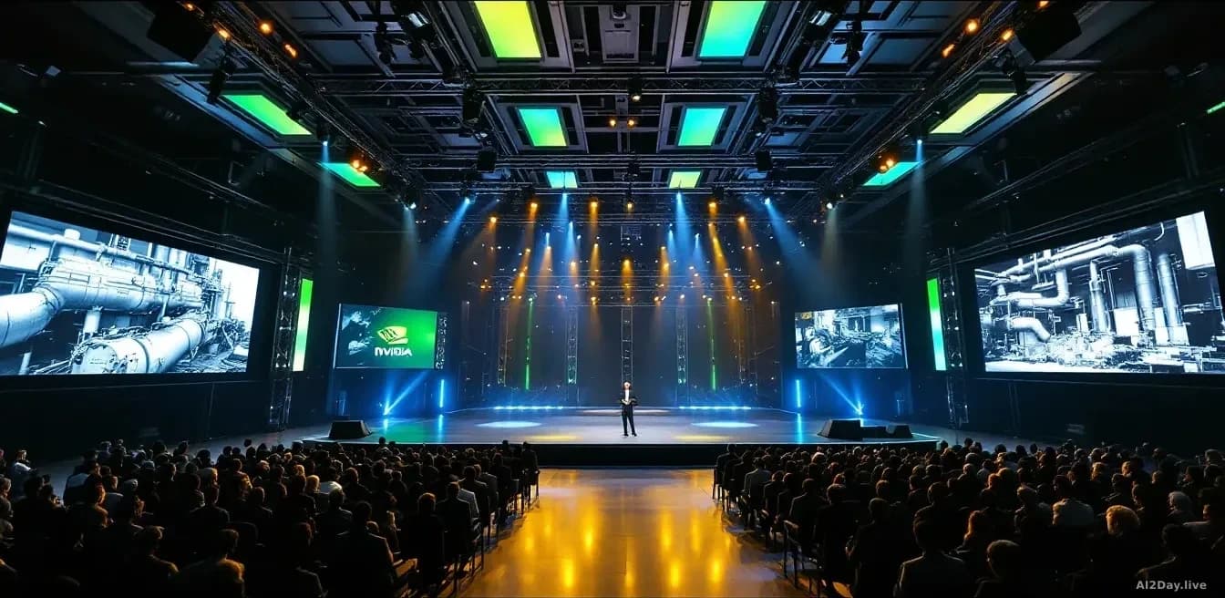 Nvidia datacentre facility with gleaming GPU architecture visible, conference stage in foreground showing CEO presentation setup, contrasted with historical ind