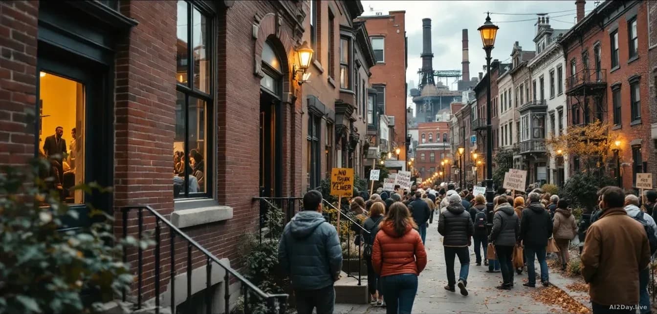 A Philadelphia residential neighborhood with community meeting in progress visible through church or town hall windows, residents gathered outside with protest 