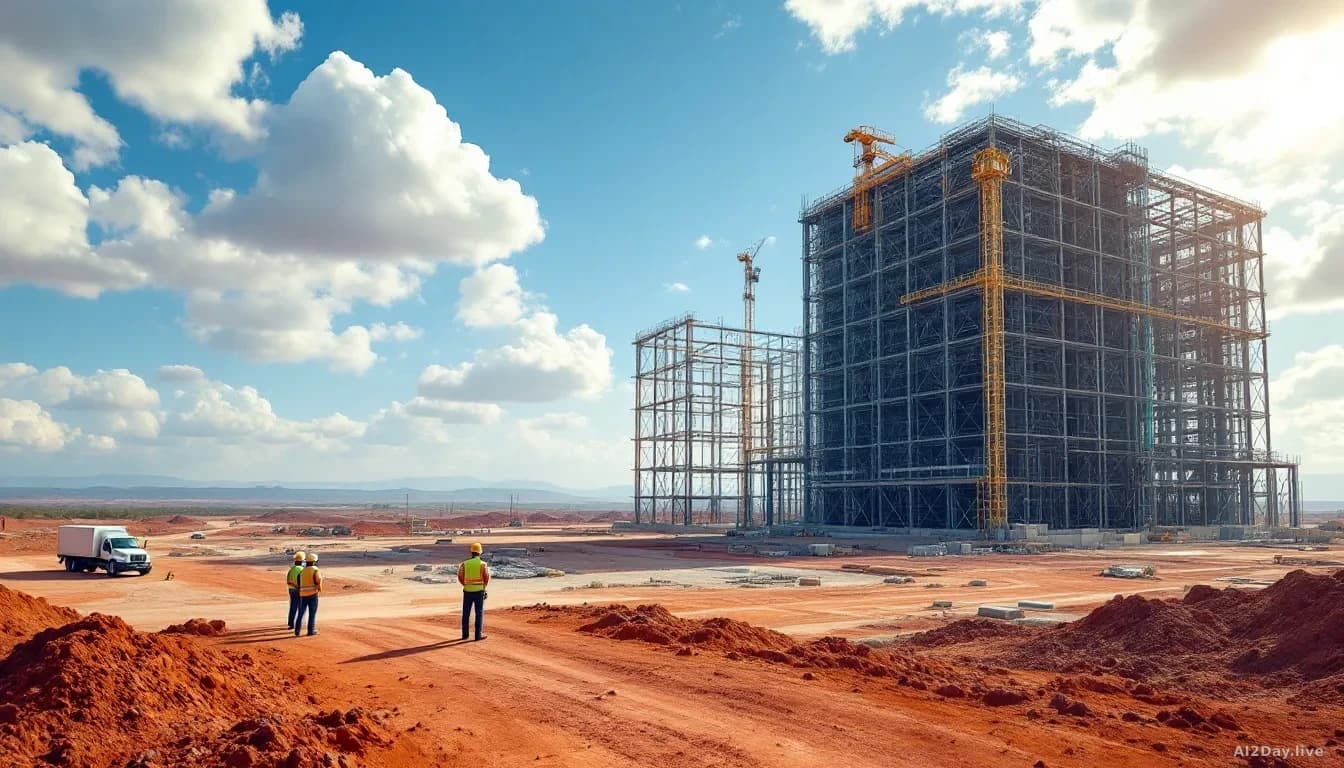 A vast construction site in western Queensland landscape with massive datacentre facility framework rising from red earth, state officials and workers visible e