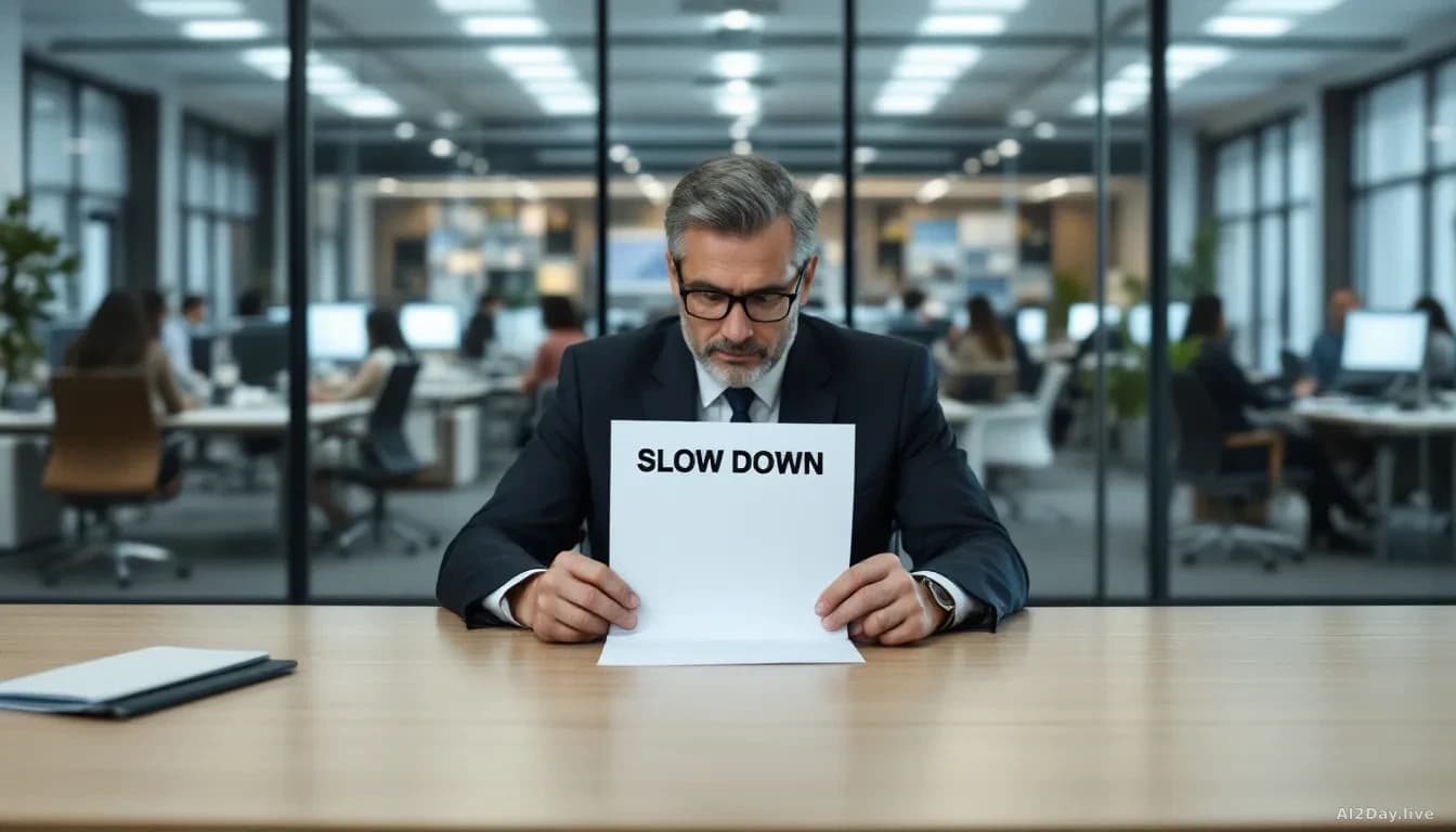 A corporate office setting where one executive sits at a desk with a 'slow down' memo prominently displayed, while behind glass walls competitors' office spaces