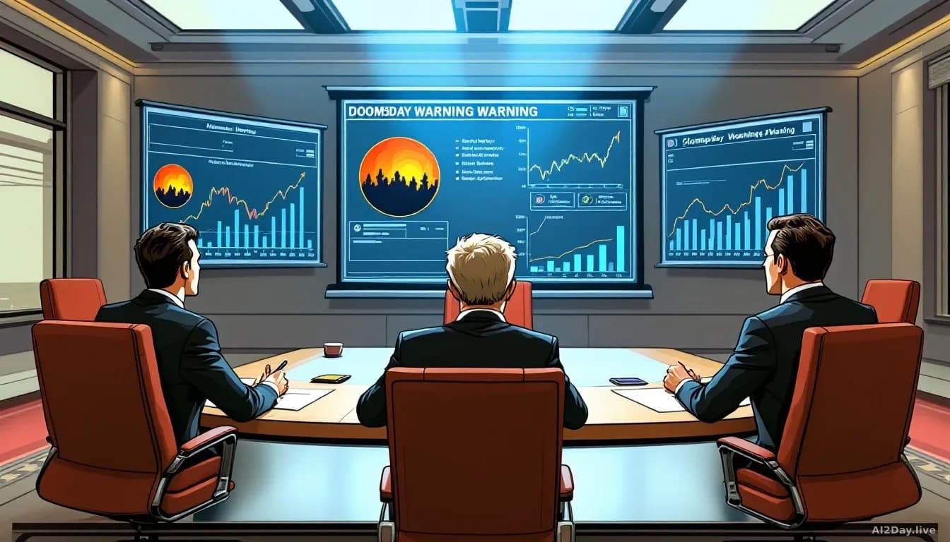 A cartoon illustration or caricature-style scene of corporate executives in boardrooms with doomsday warning charts on presentation screens behind them, visual 