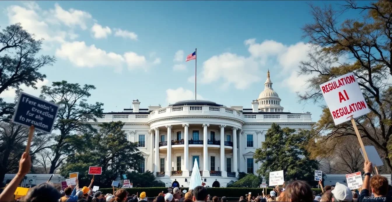 The White House facade with congressional buildings visible in the distance, protest or demonstration signage about AI regulation visible on nearby streets, cre