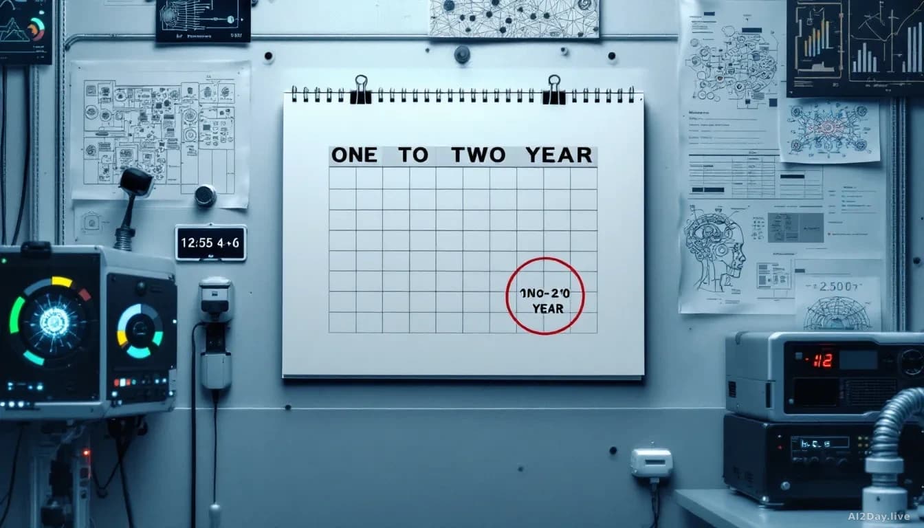 A calendar page showing a one-to-two-year timeframe circled and marked, surrounded by advanced AI laboratory equipment and neural network diagrams on walls, cre