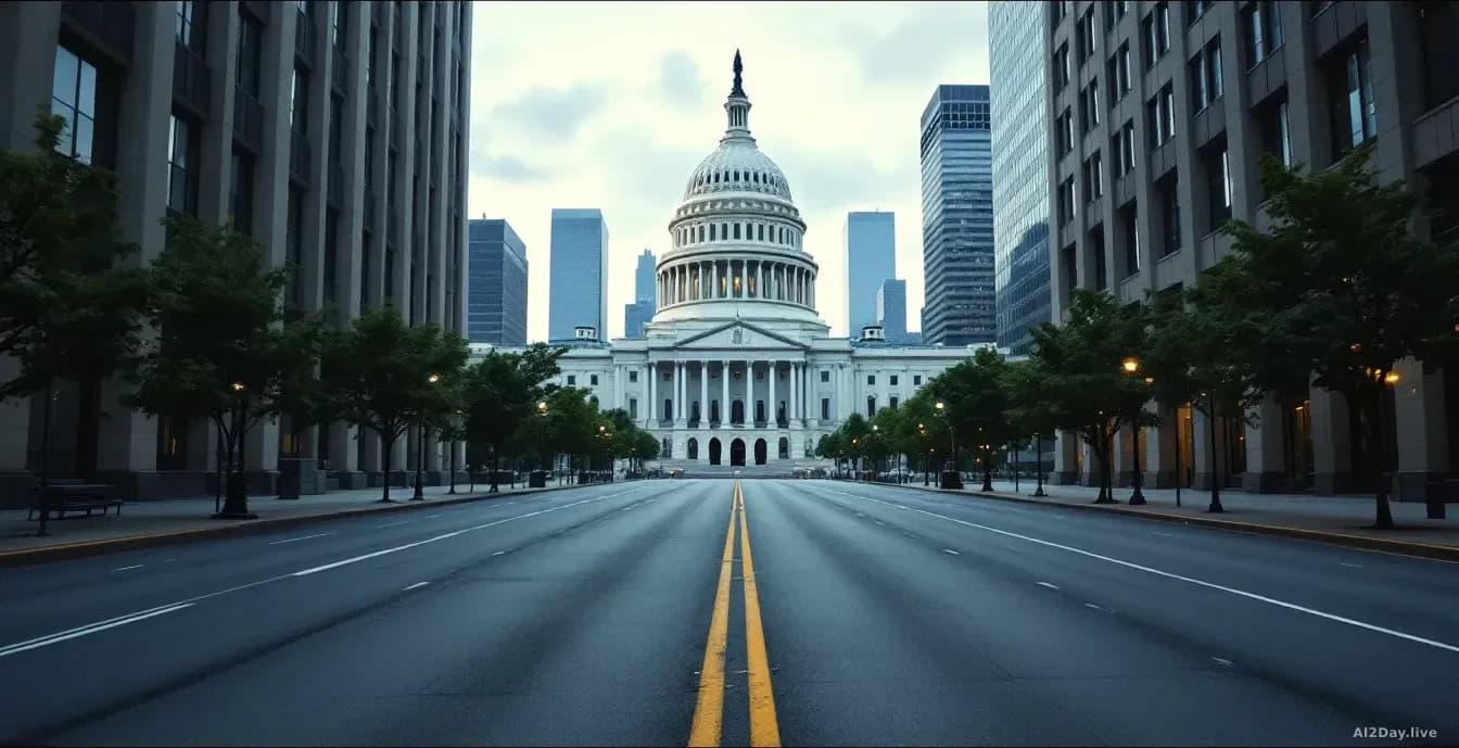 A stark federal government office building exterior with empty street in front, no visible security or oversight infrastructure, contrasted against corporate te