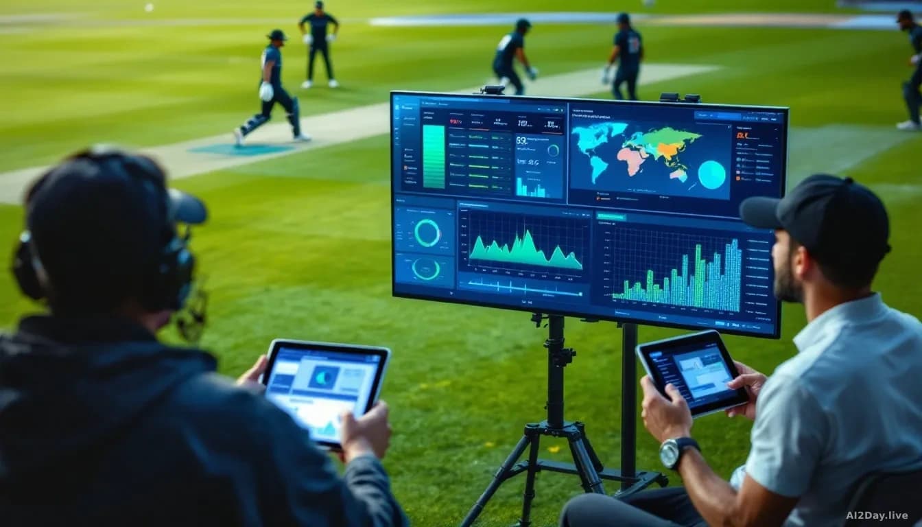 A cricket pitch with multiple AI analytics screens mounted on the boundary, showing real-time data visualizations while human coaches and analysts consult table