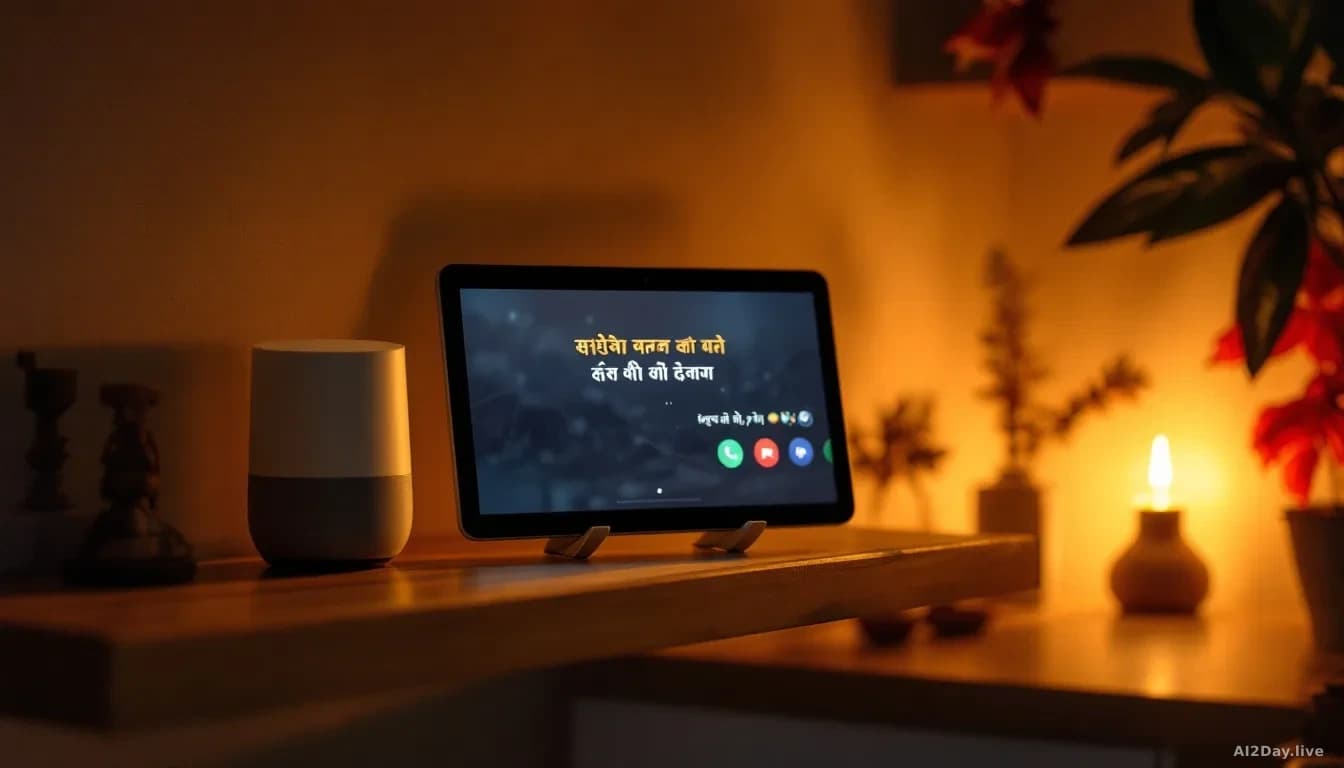 An Indian home interior with a smart speaker device on a shelf, Hindi text displayed on a nearby tablet screen, and regional app icons glowing, with warm domest