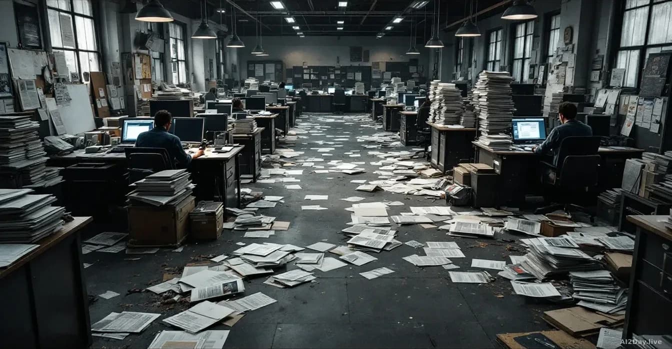 A newsroom floor half-empty with abandoned desks, papers scattered, some workstations dark while a few journalists remain working at remaining stations, with st