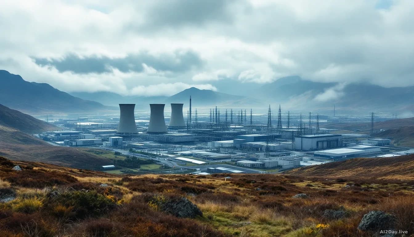 A sprawling industrial datacentre facility with massive cooling towers and electrical infrastructure under cloudy Scottish highlands, viewed from a distance sho