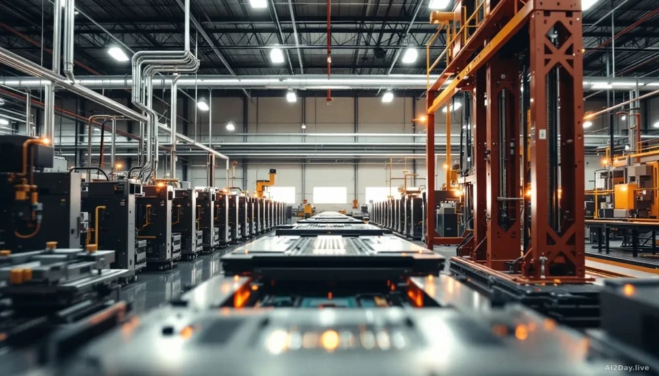 An industrial manufacturing facility with memory chip production equipment, with visible transition suggesting hybrid or leased space arrangement, American indu