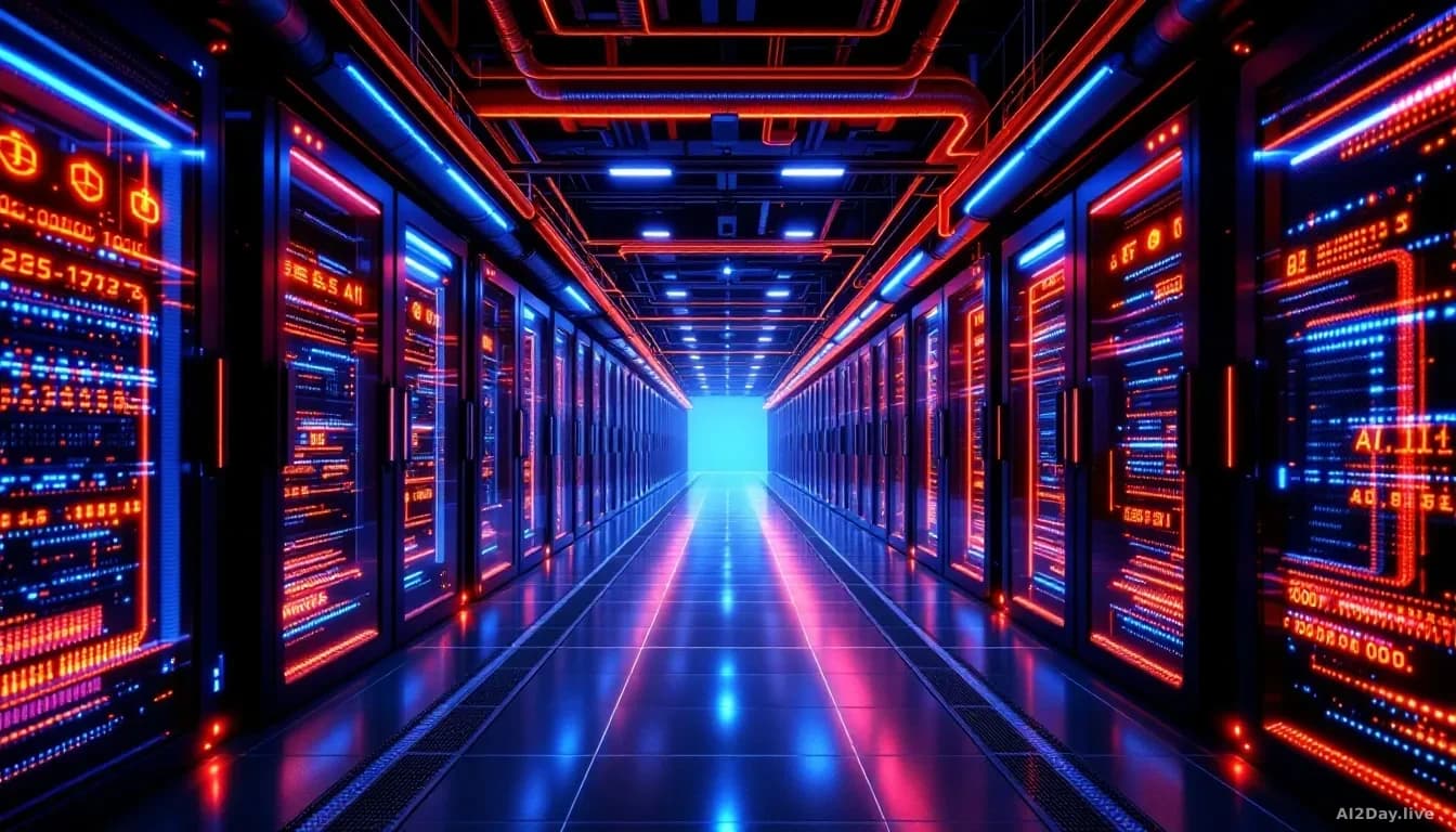A cutting-edge data center with advanced cooling systems prominently featured—liquid cooling pipes, thermal management equipment, and high-powered AI chips gene