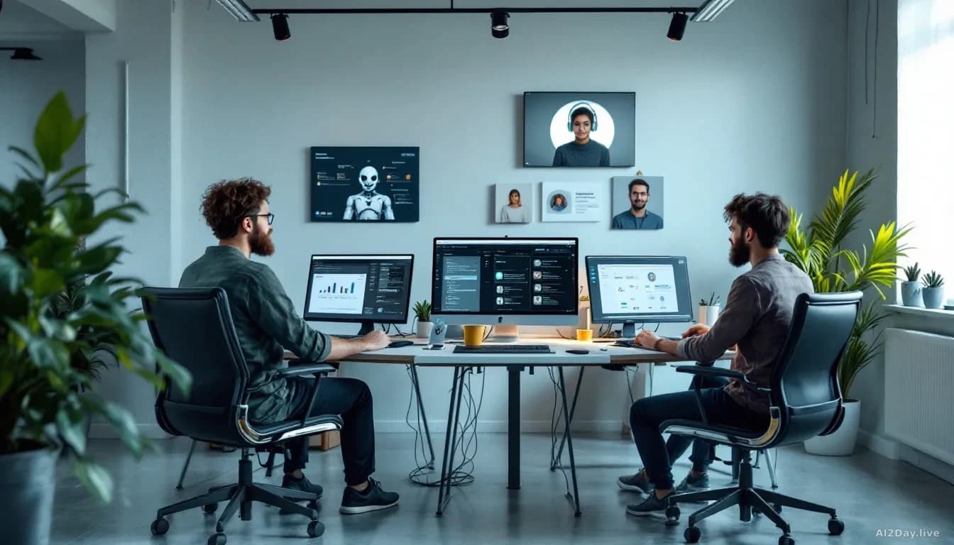 A startup office with just two or three engineers working at desks surrounded by enterprise software development tools, AI assistants visible on screens, minima