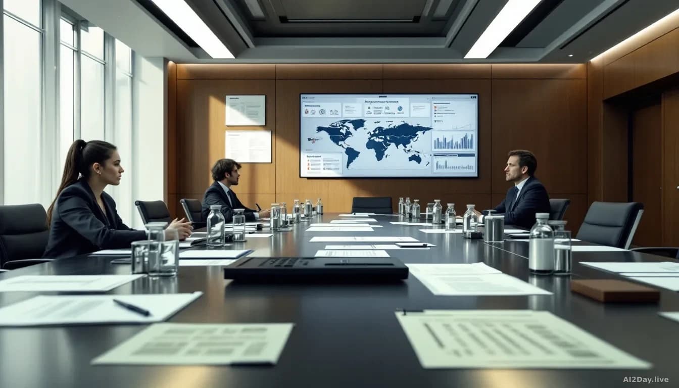A government policy meeting room with regulatory documents, safety frameworks, and international cooperation indicators displayed, modern architecture with seri