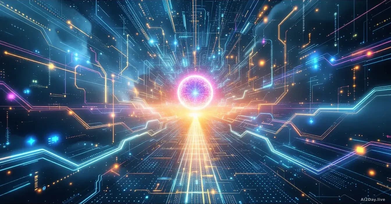 A diverging path or intersection point in a digital landscape where AI advancement branches into multiple possible futures, with uncertain or varied outcomes re