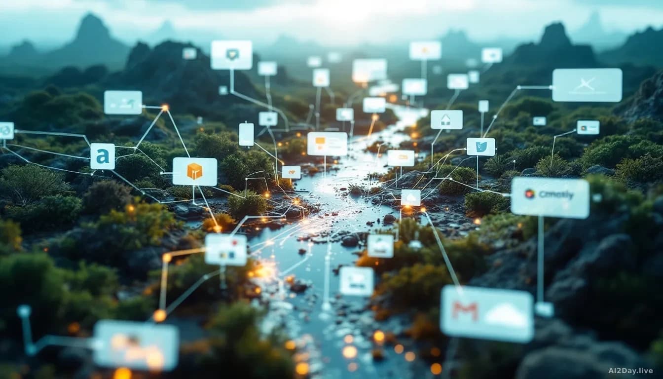 A digital landscape representing Australian internet content—social media posts, written documents, creative work—with overlaid digital tendrils or server conne