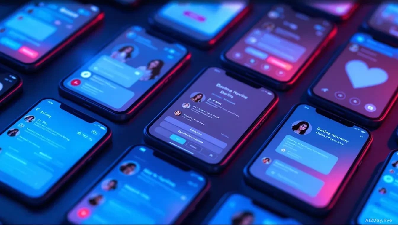 Multiple smartphone screens displaying dating app interfaces with AI-generated chat conversations and virtual currency purchase prompts, arranged to show the sc