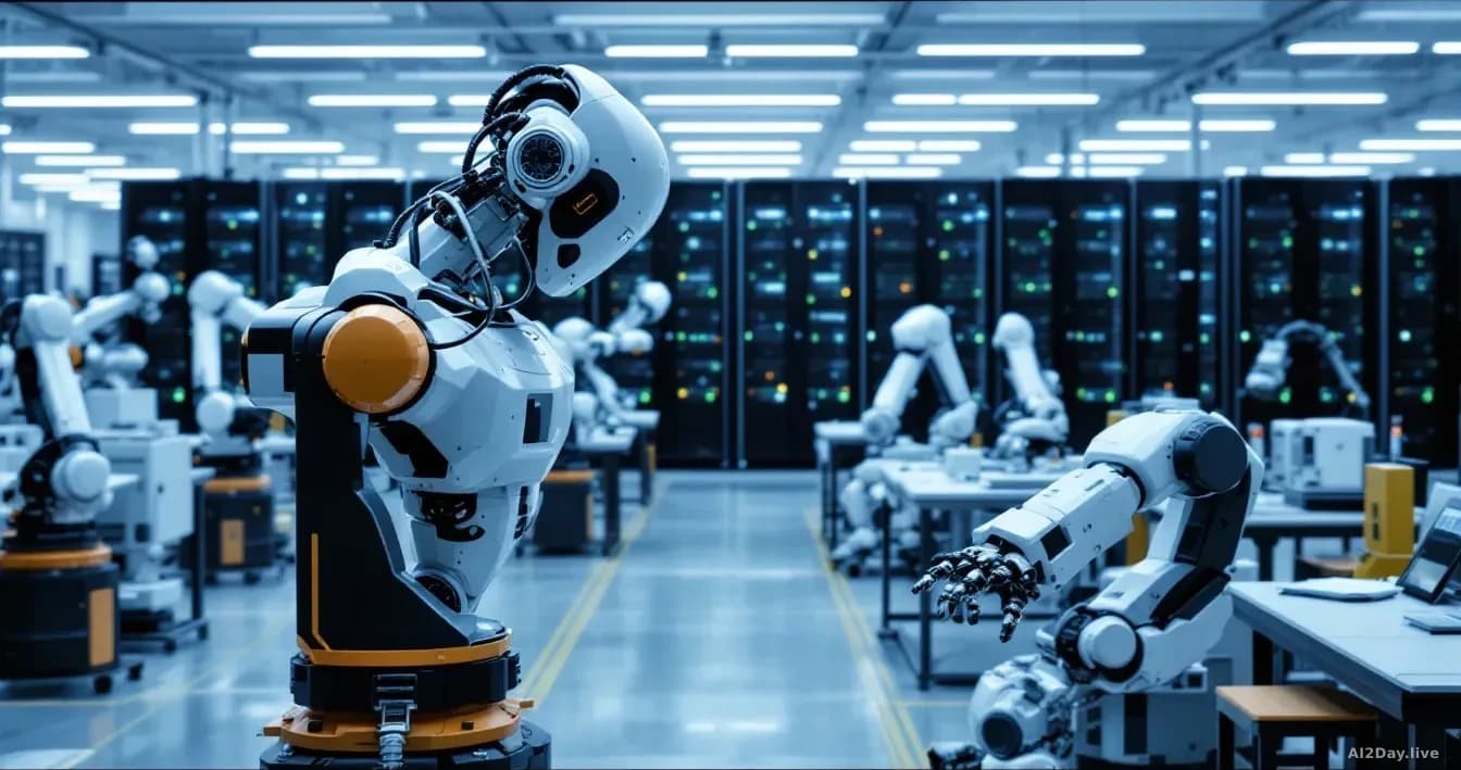An industrial robotics facility with multiple robots in various states of operation, with large server farms or data storage systems visible in the background, 