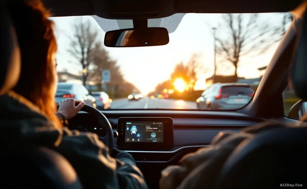 A person experiencing mobility through an autonomous vehicle's interior, with visible safety sensors, camera systems, and autonomous driving technology displaye