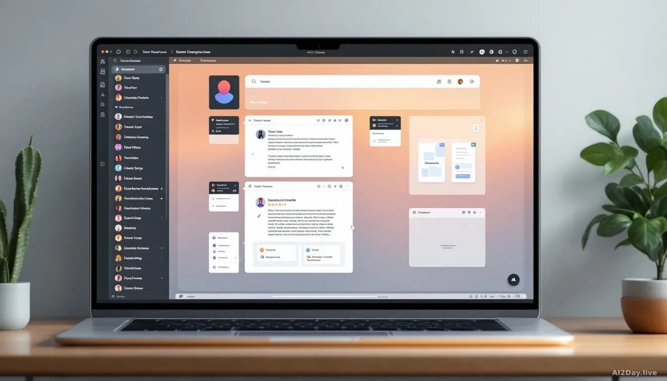 A single application window displaying three integrated work modes—conversation thread, collaborative workspace with cursors, and design canvas—all visible in o