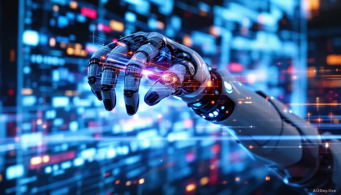 A robot arm or mobile robot with its camera systems highlighted, displayed against a backdrop showing digital interference patterns, corrupted visual feeds, or 