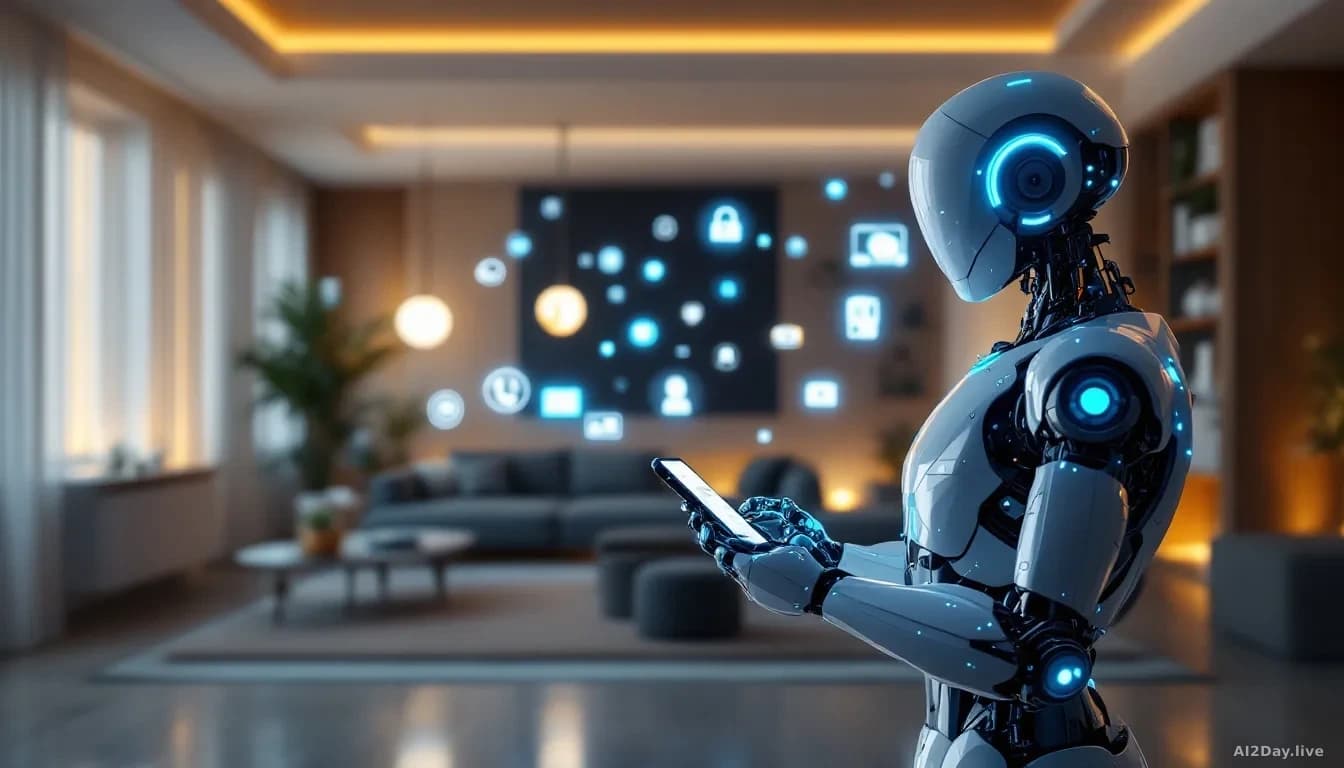 A modern home interior where robotic control systems interact with connected devices—illuminated smart lights, locks, and cameras visible throughout rooms, with
