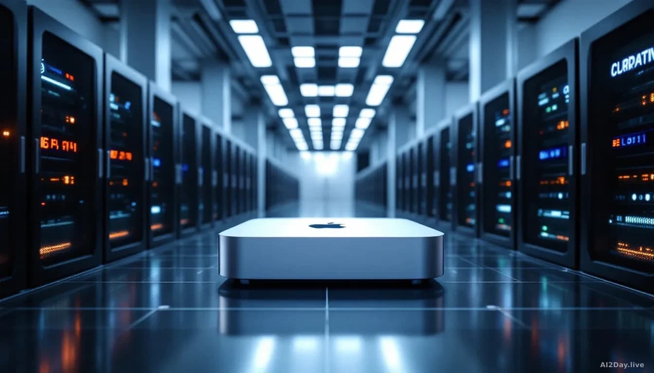 A sleek server room with rows of modern computing hardware and cooling systems, with a Mac Mini positioned prominently in the foreground alongside enterprise-gr