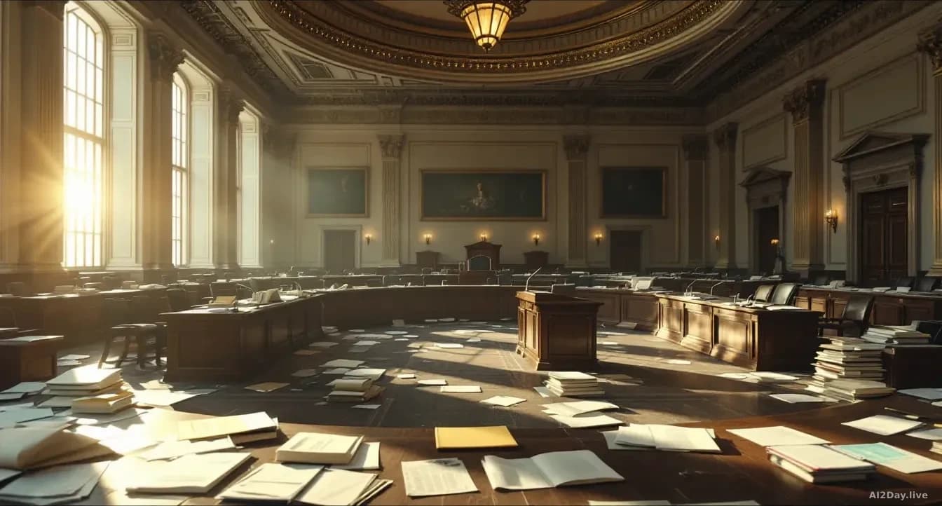 An empty congressional hearing room with abandoned desks, papers, and legislative documents scattered across surfaces, with soft afternoon light streaming throu