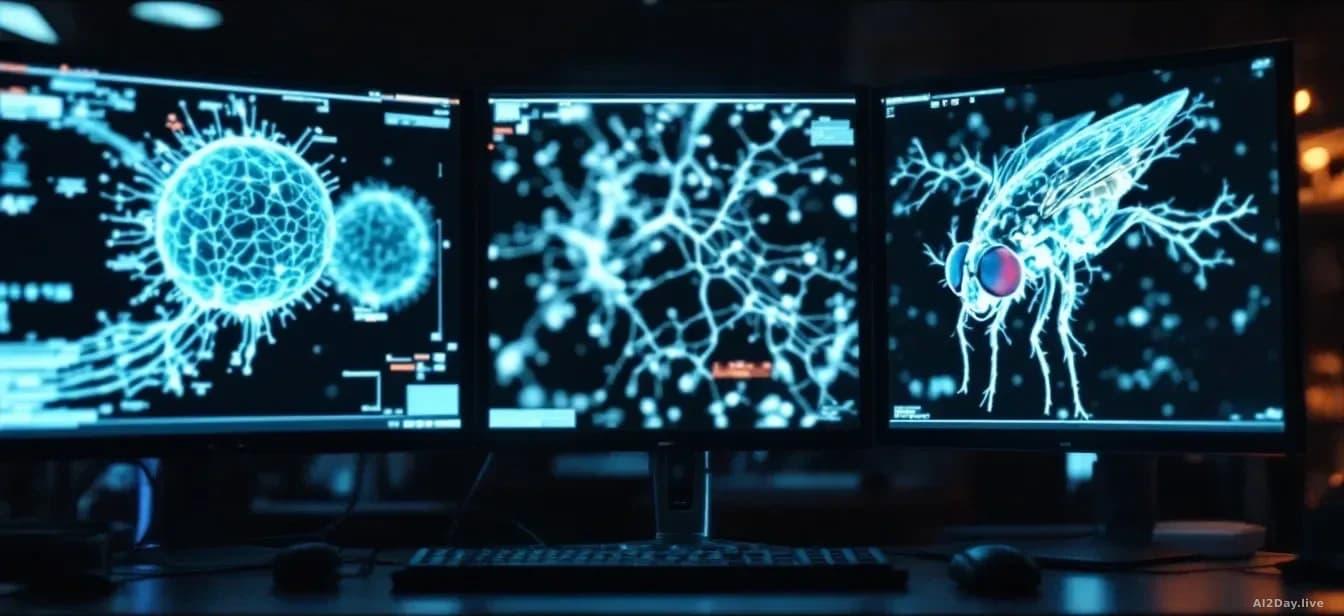 A laboratory workstation displaying intricate neural network diagrams on multiple monitors, with close-up biological imagery of a fruit fly specimen under magni