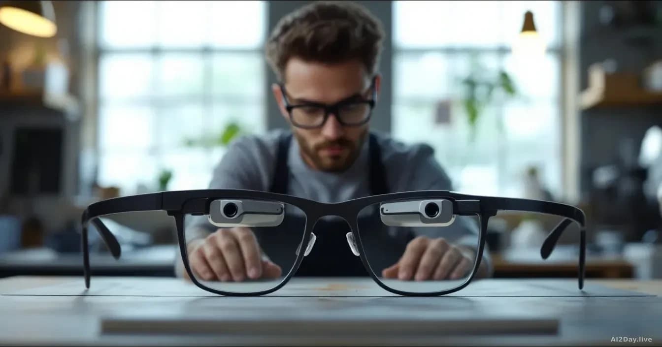A designer's workshop displaying two versions of smart glasses side by side—one with a visible camera module and one without—highlighting the mechanical and aes
