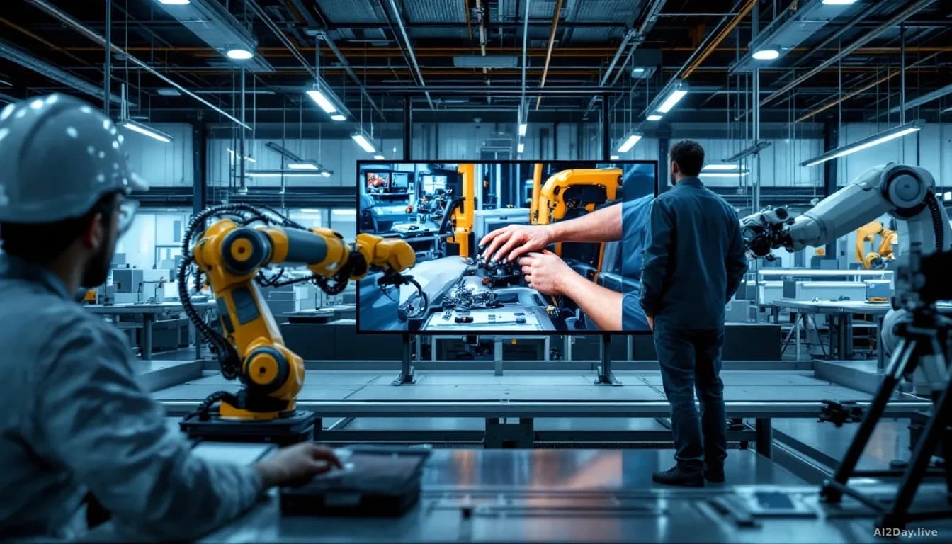 A factory floor where engineers review first-person perspective video footage on screens, showing a worker's hands performing an assembly task while robot arms 