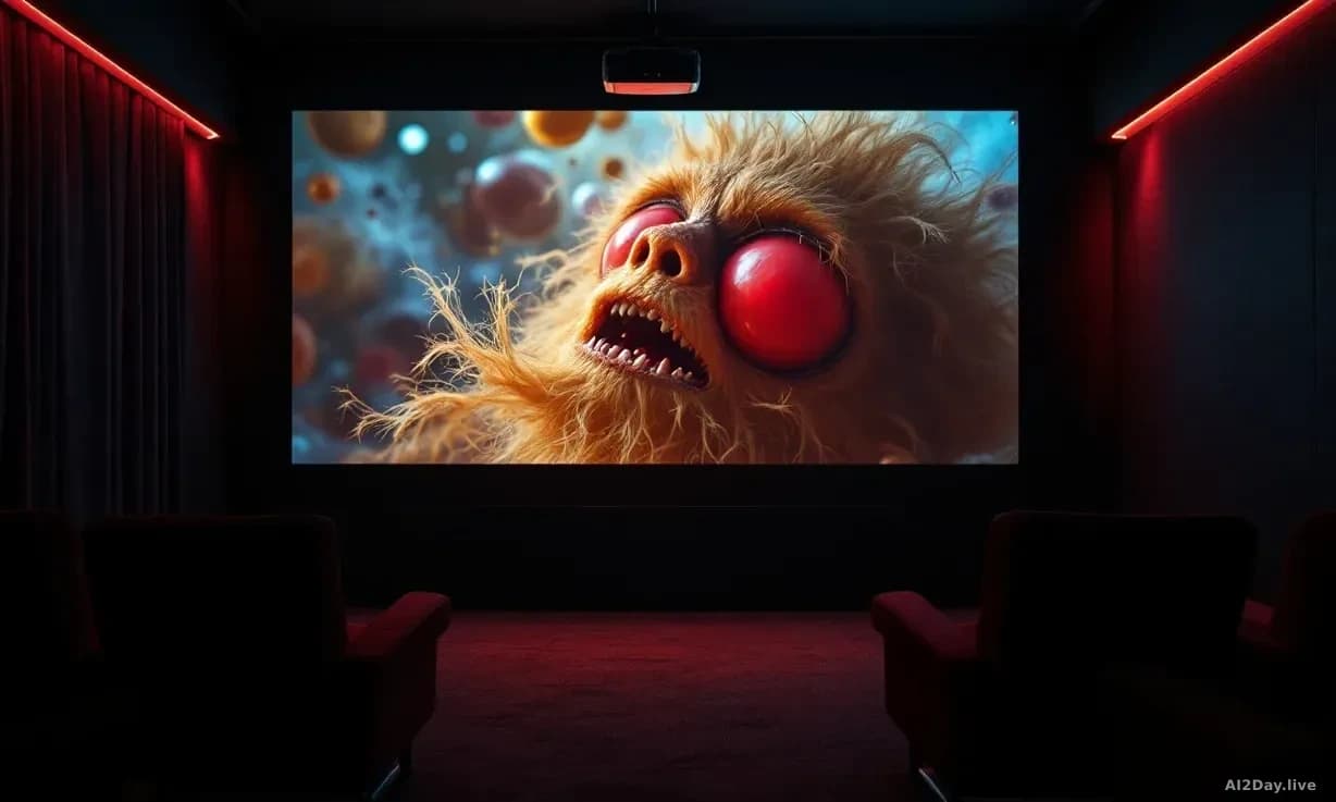 A movie screening room with a projector displaying a scene containing visual inconsistencies—an object morphing mid-shot or scale discrepancies between adjacent