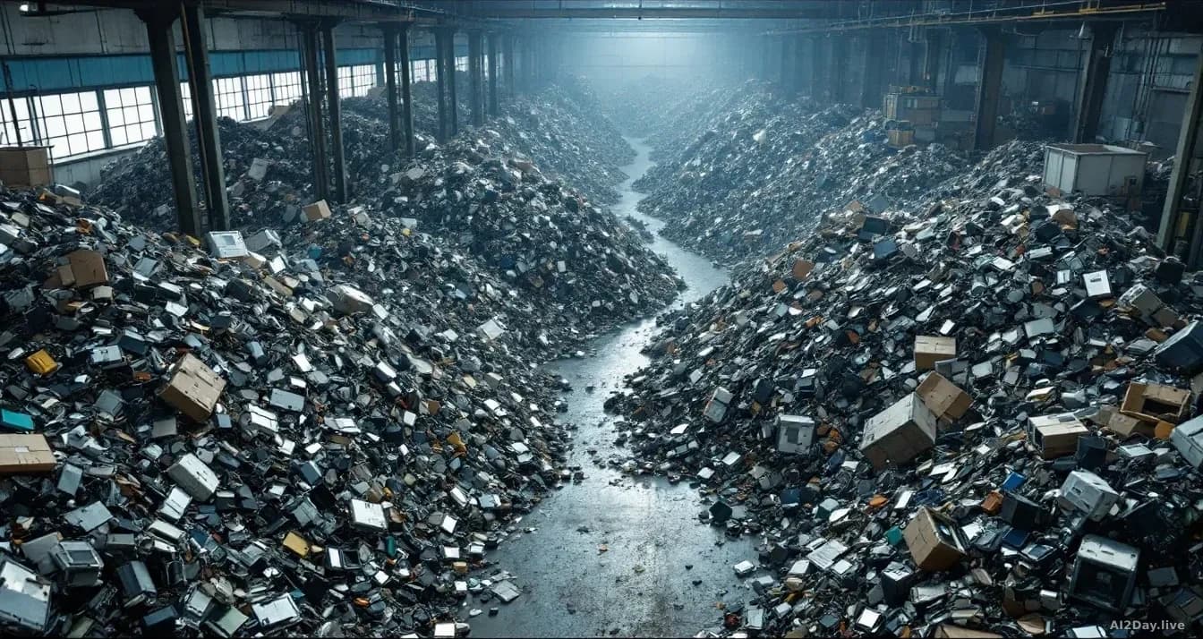 An industrial recycling facility with mountains of discarded computer hardware and circuit boards sorted into massive bins, viewed from above showing the scale 