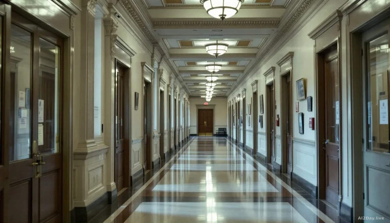 The interior of a congressional office building corridor with formal architectural details, legislative documents visible through glass office doors, and empty 