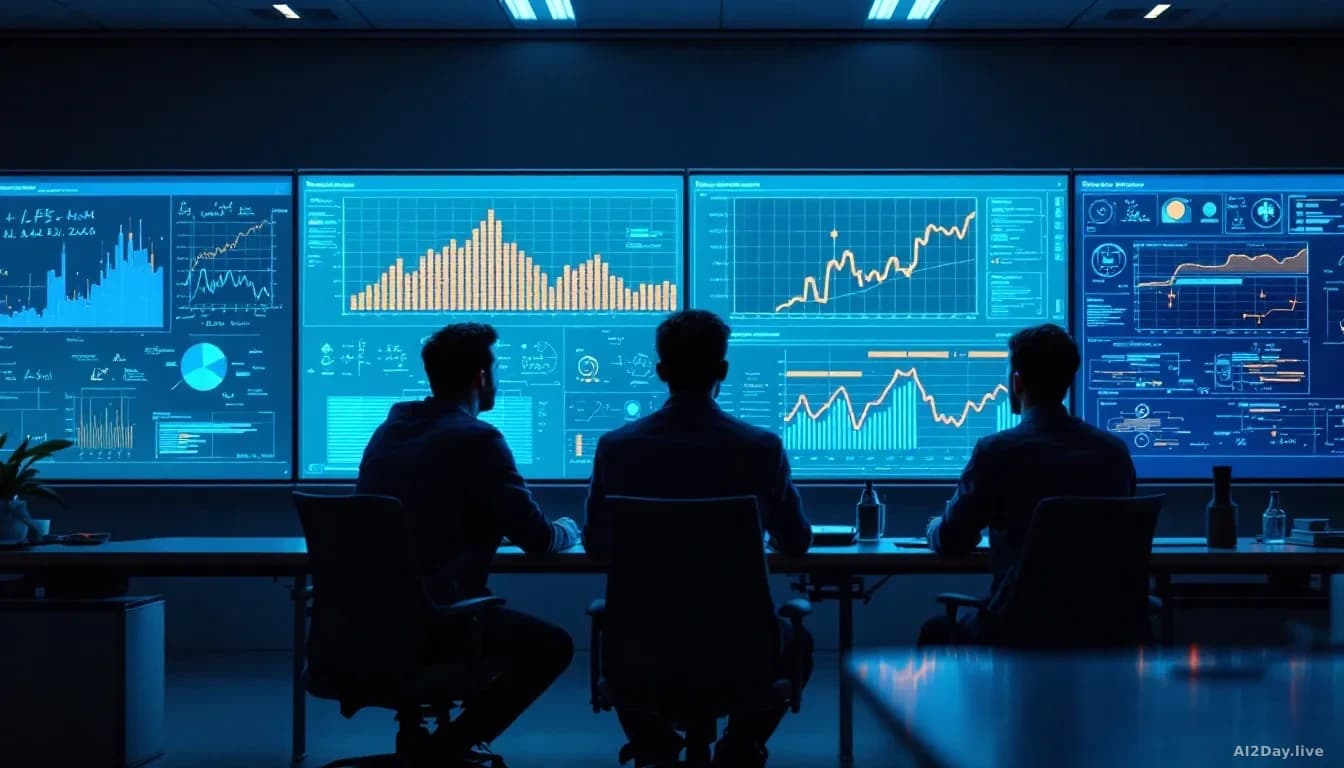 An AI research lab where engineers monitor training progress on large displays showing algorithm efficiency metrics, with whiteboards covered in technical notat