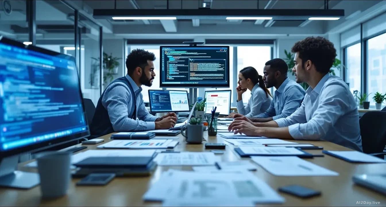 A corporate communications team preparing disclosure documents in an office, with examples of AI outputs and error logs spread across desks and displayed on scr