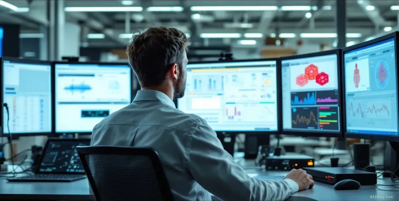 A computer scientist reviewing training data logs on multiple monitors in a research lab, with neural network architecture diagrams displayed alongside behavior