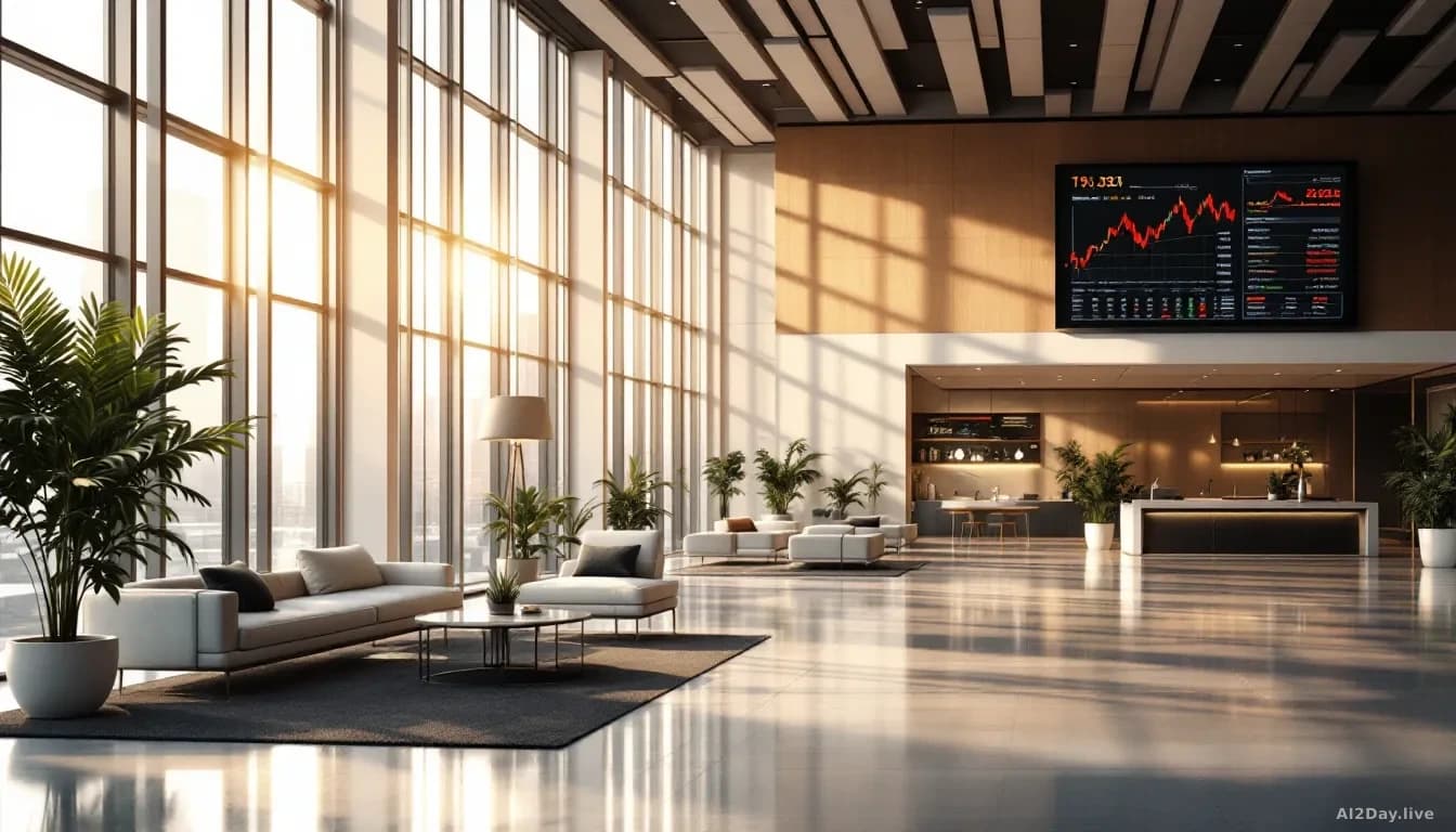 A high-tech corporate headquarters lobby with modern architectural design, featuring tall windows and minimalist furniture, with a stock ticker display visible 