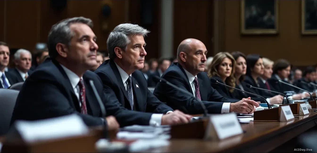 A panel of researchers and policymakers in a government hearing room, seated before formal rows of microphones and institutional seals, with serious expressions