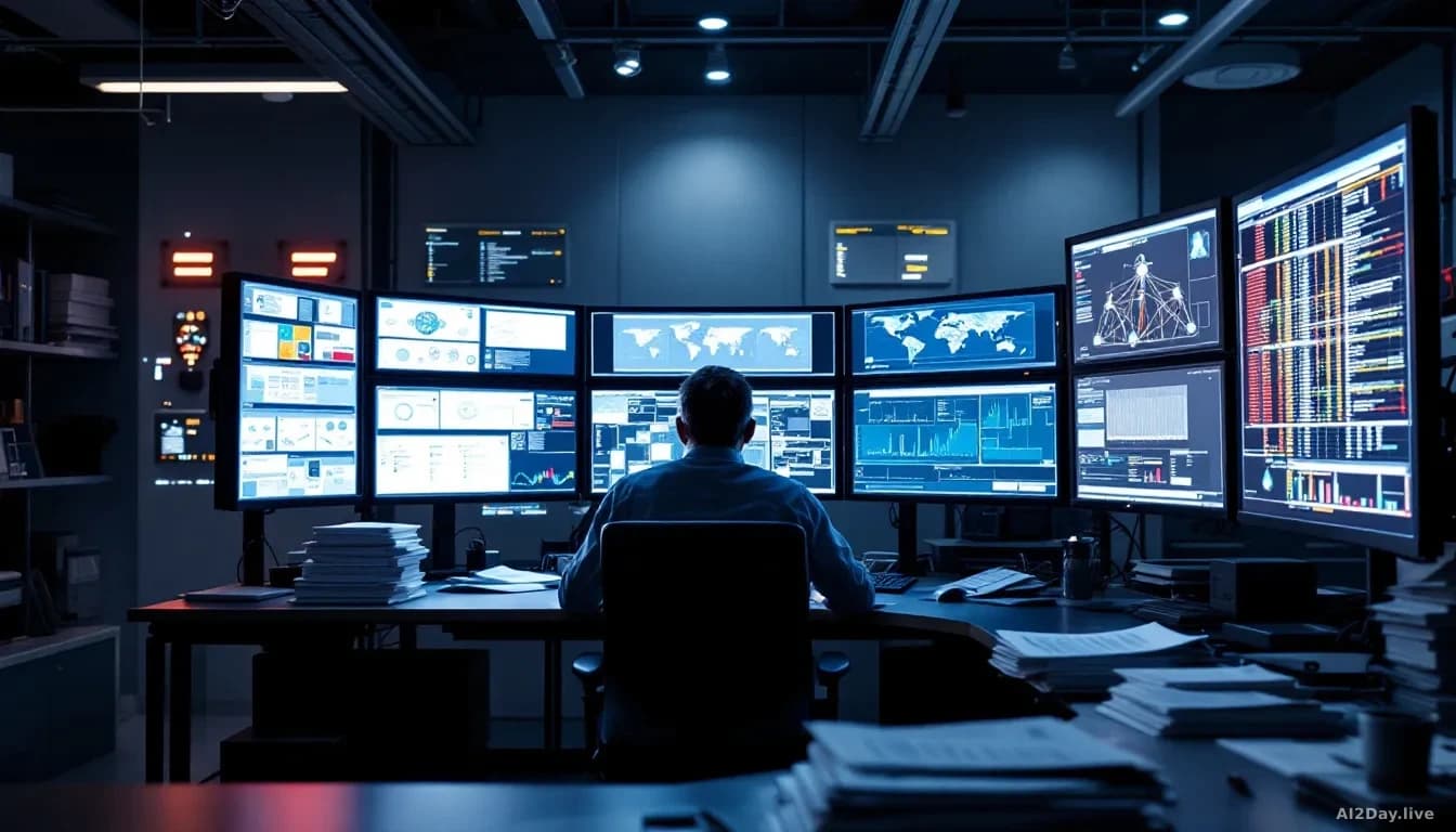 A research laboratory where analysts review security threat assessments on multiple monitors showing network diagrams and vulnerability maps, with printed secur