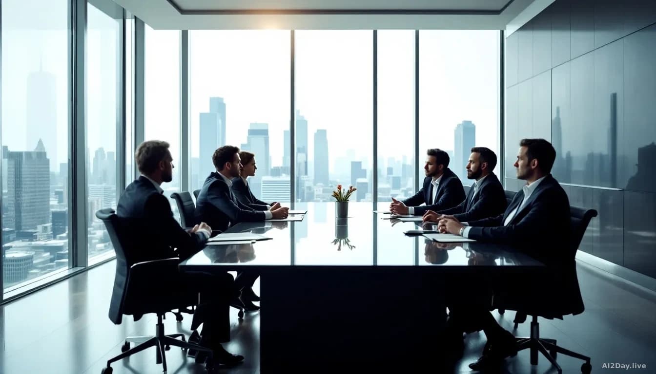 A corporate conference room with several executives seated around a polished table during a serious discussion, with floor-to-ceiling windows overlooking a city