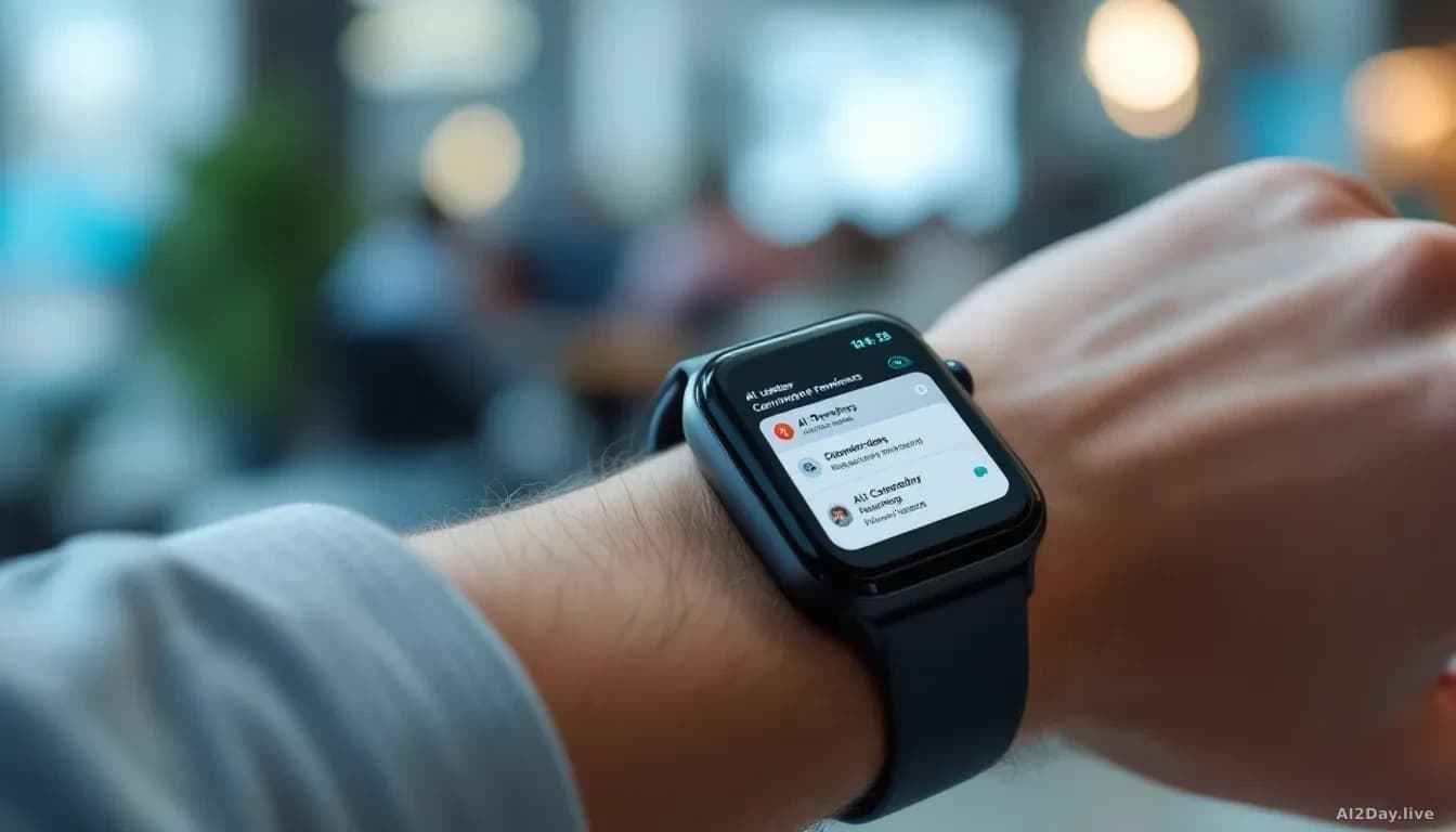 A wrist-mounted display showing a calendar interface with AI-generated reminders and meeting notifications, with a person's arm visible wearing the device again