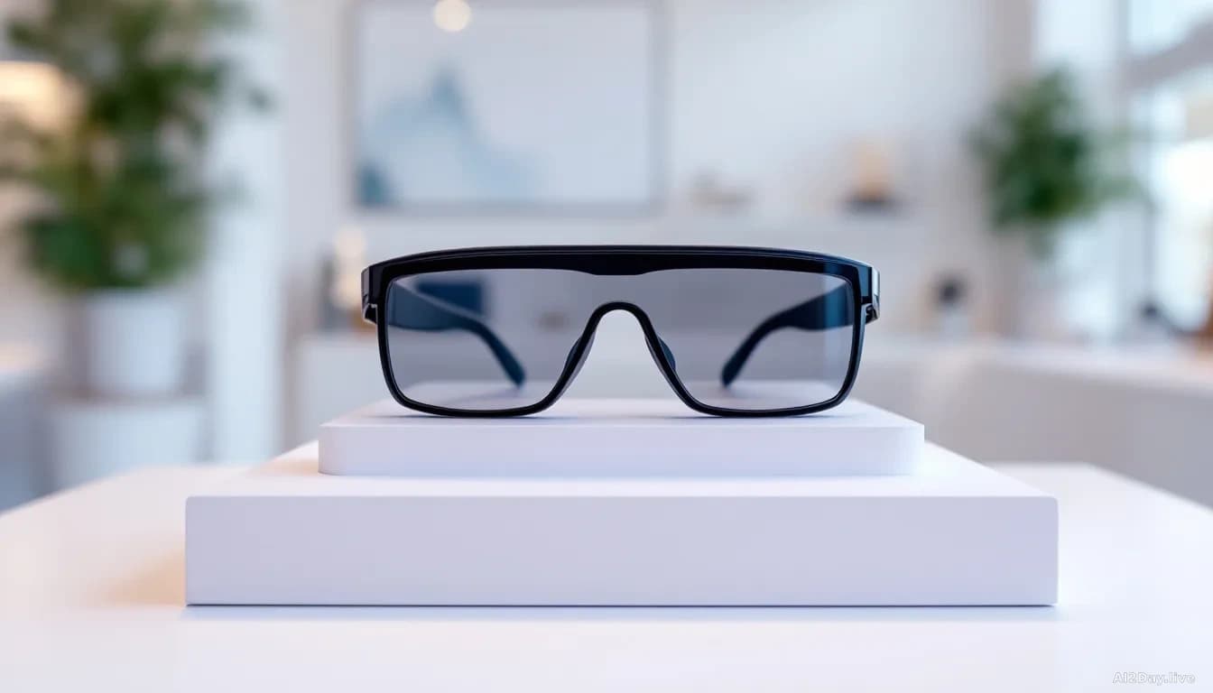 A pair of sleek smart glasses positioned on a minimalist display stand in what appears to be a tech showroom, with soft ambient lighting highlighting the device