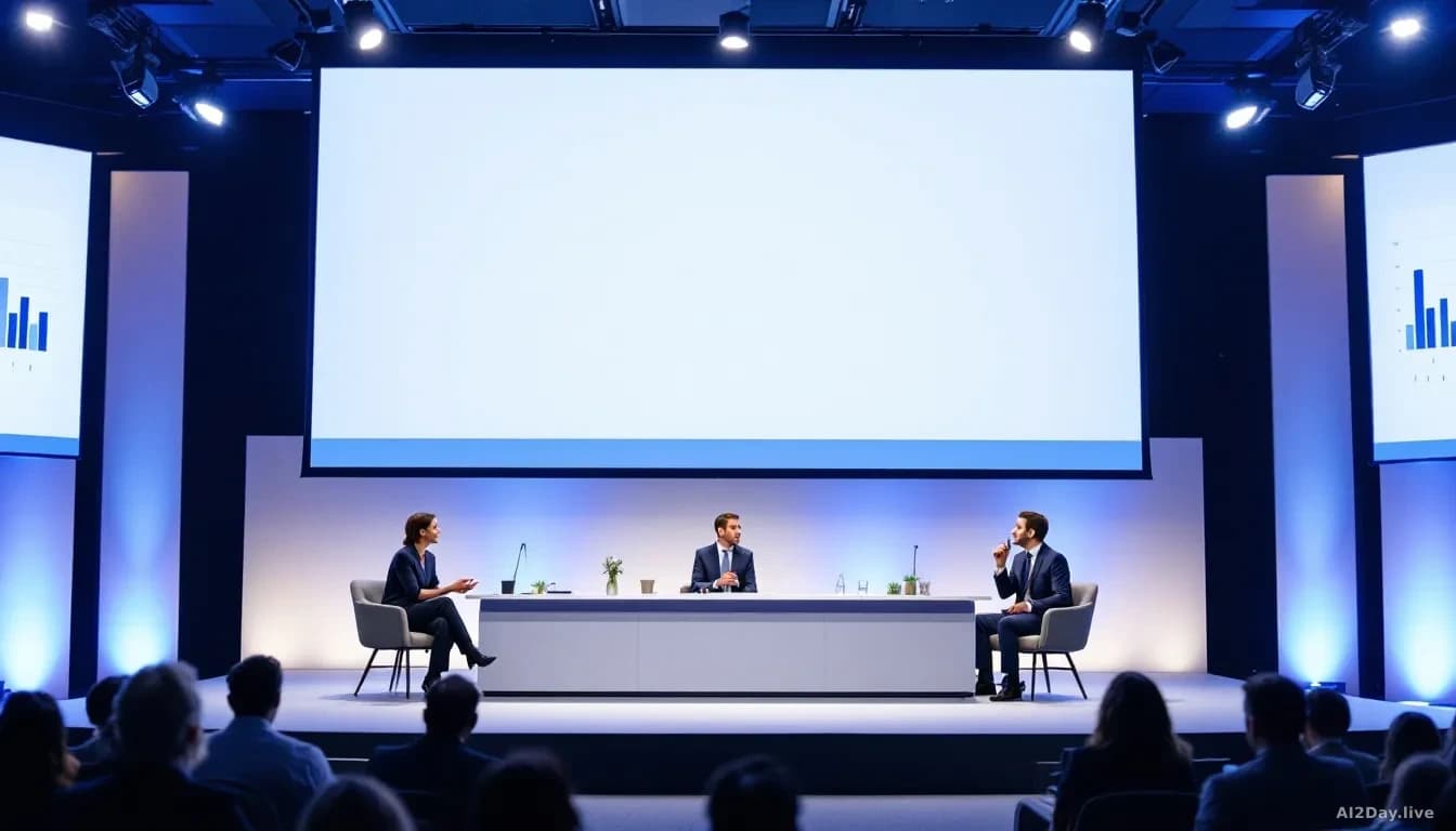 A conference stage with three panelists seated at a long table facing an audience, with modern presentation screens displaying business charts and graphs behind