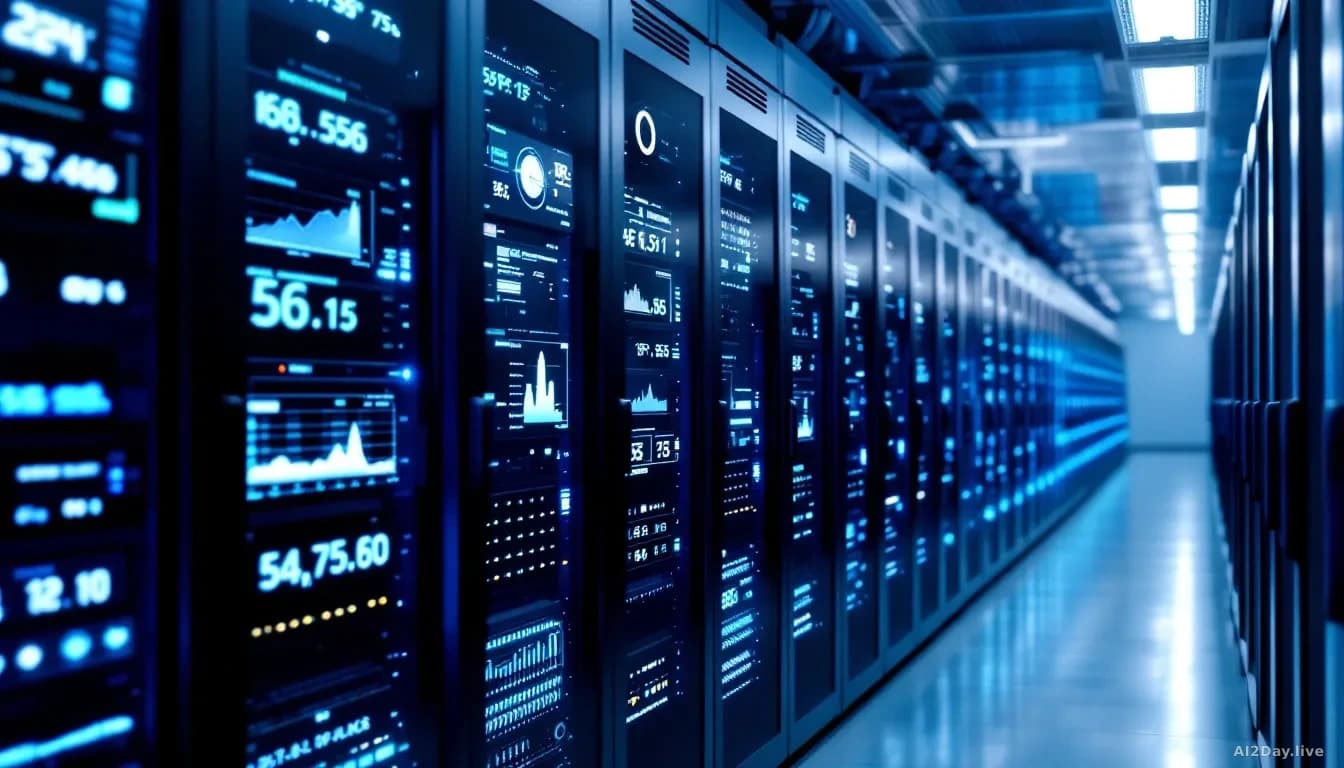 A data center corridor with rows of server racks emitting soft blue light, with environmental monitoring displays on the wall showing temperature and power cons