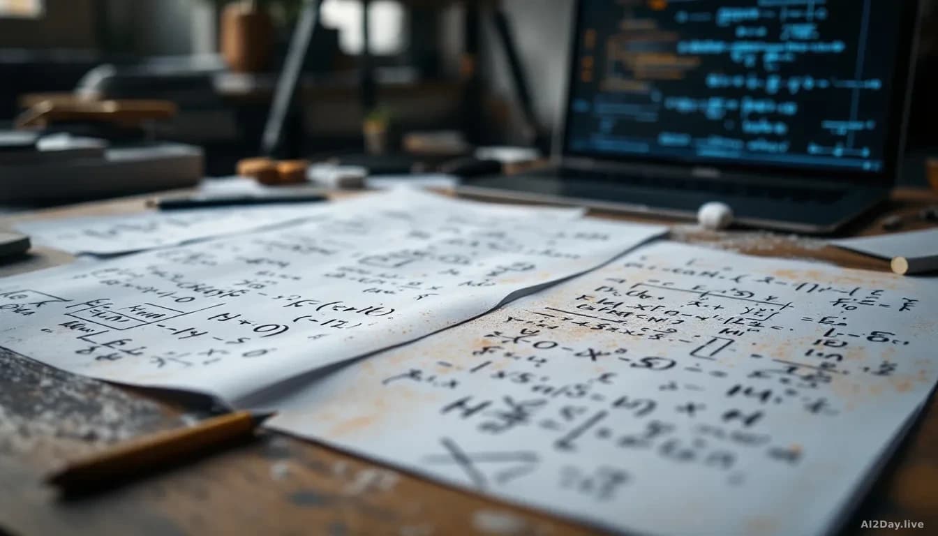 A mathematician's desk scattered with printed papers covered in handwritten equations, chalk dust on the surface, and a laptop displaying complex mathematical n