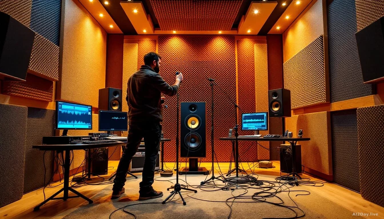 A sound engineer adjusts microphone positions around a speaker in an anechoic chamber, with acoustic foam panels lining the walls and waveform visualizations di