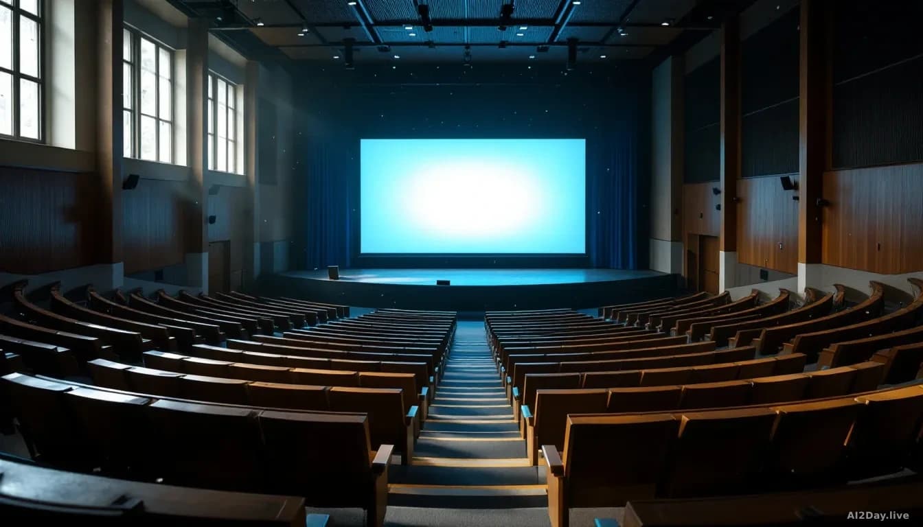A wide 16:9 editorial photograph of an empty university lecture hall, rows of wooden seats curving toward a large projection screen that glows with a faint blue
